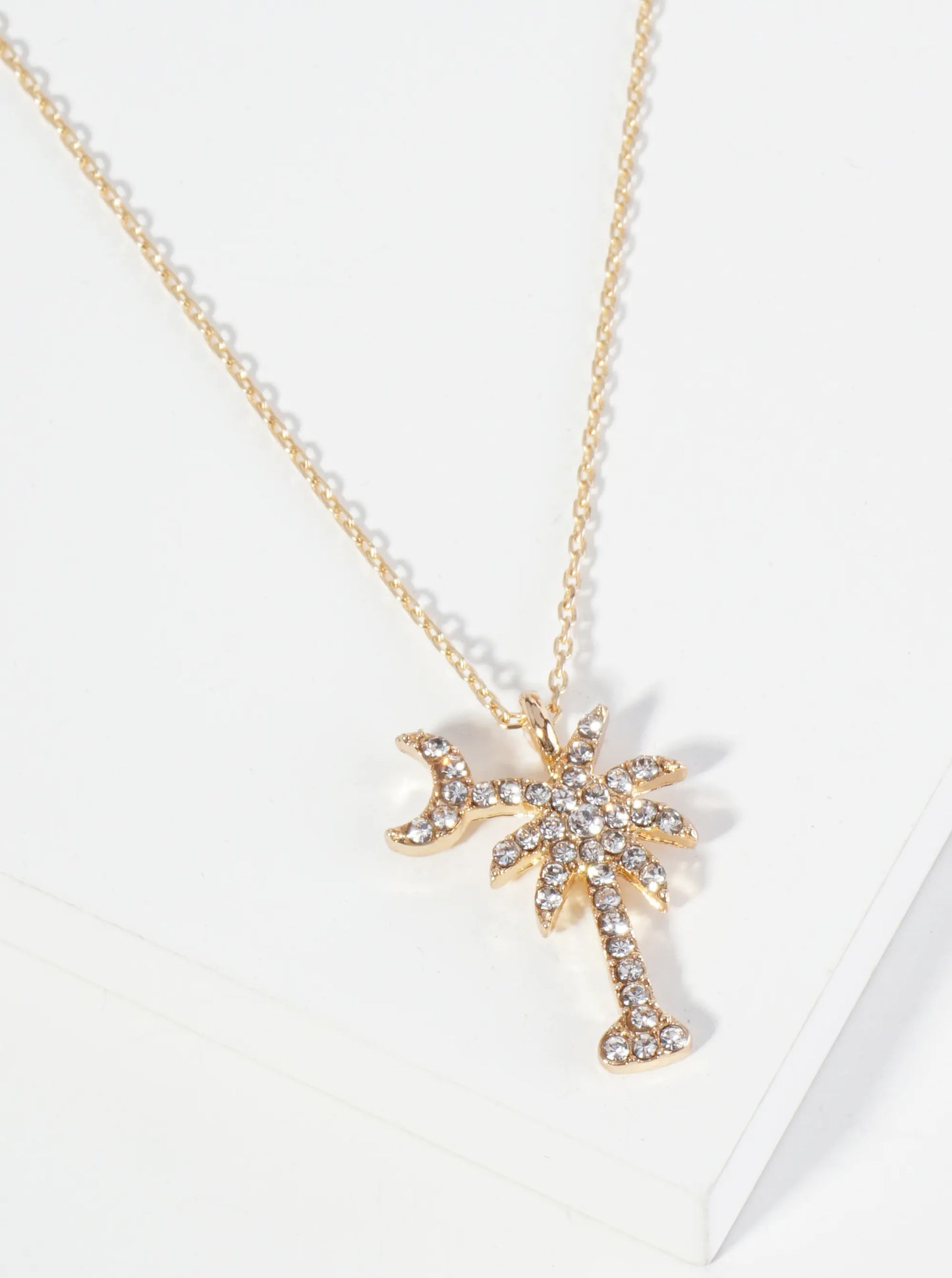 Crystal Pave Palm Tree And Moon Pendant 16 Inch Necklace
