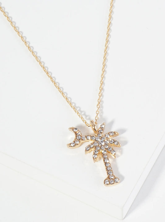 Crystal Pave Palm Tree And Moon Pendant 16 Inch Necklace
