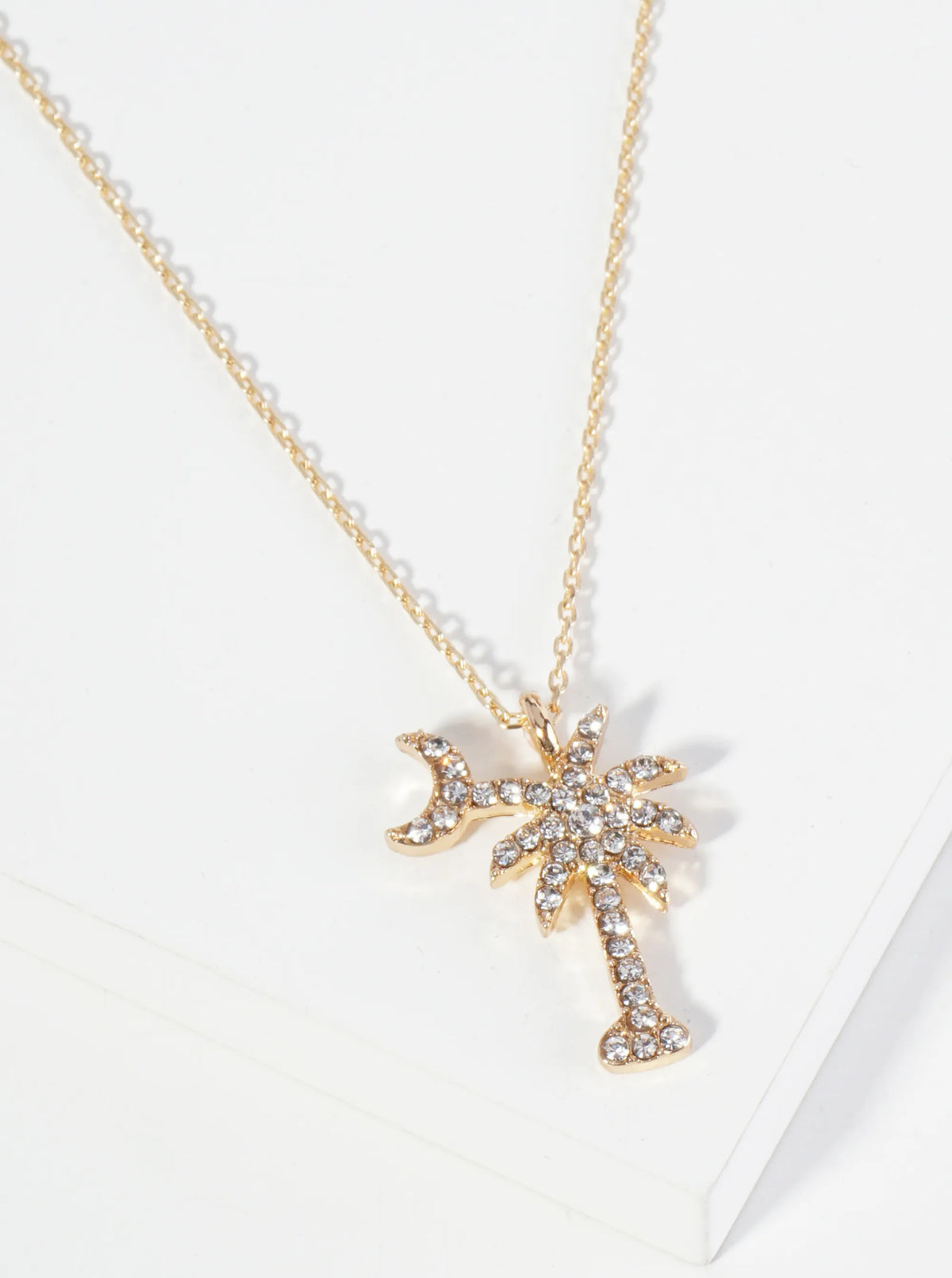 Crystal Pave Palm Tree And Moon Pendant 16 Inch Necklace