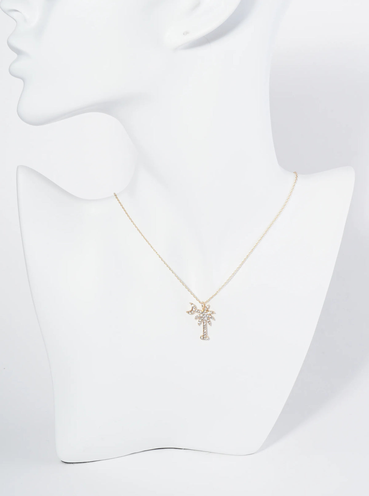 Crystal Pave Palm Tree And Moon Pendant 16 Inch Necklace