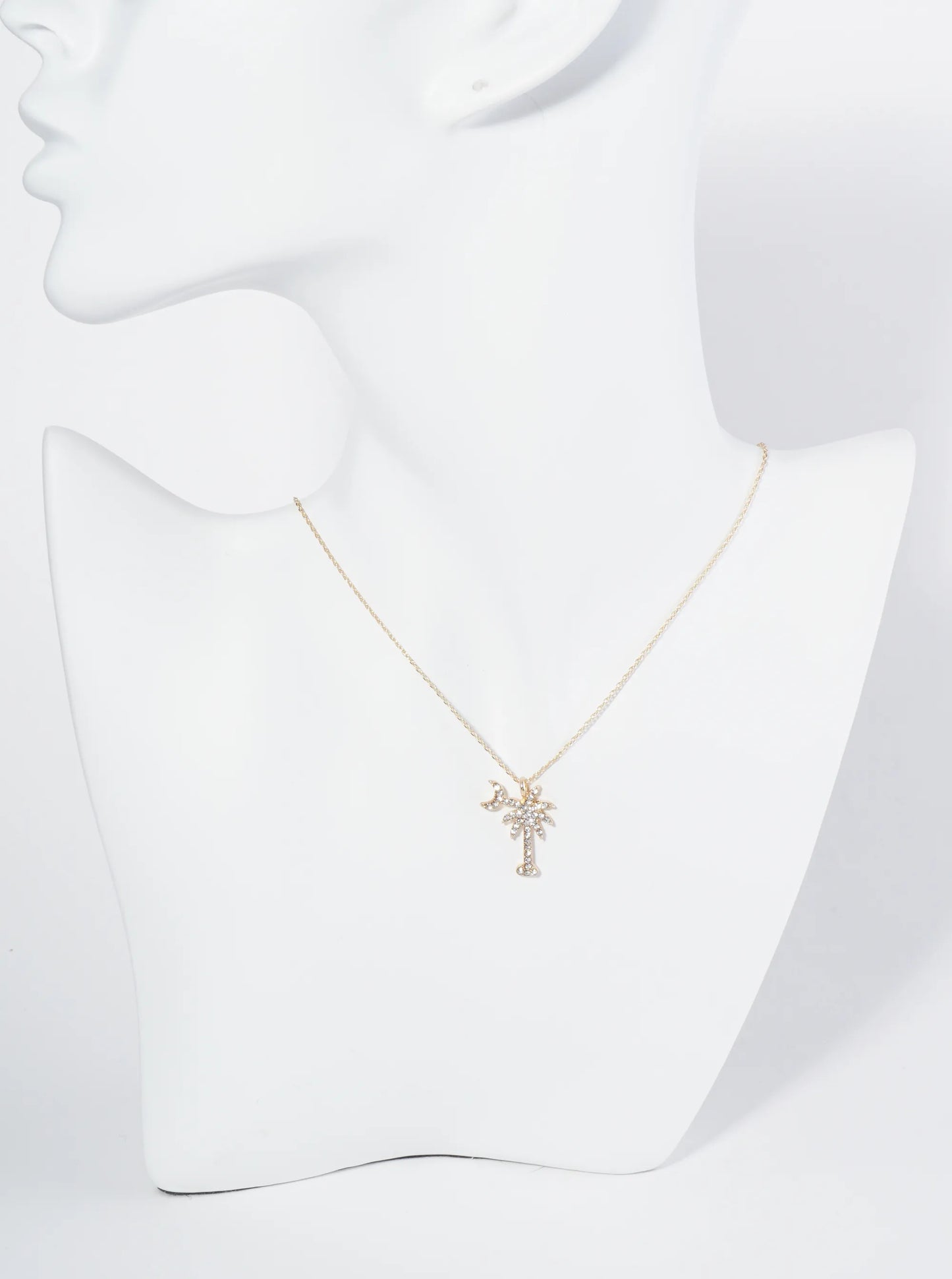 Crystal Pave Palm Tree And Moon Pendant 16 Inch Necklace
