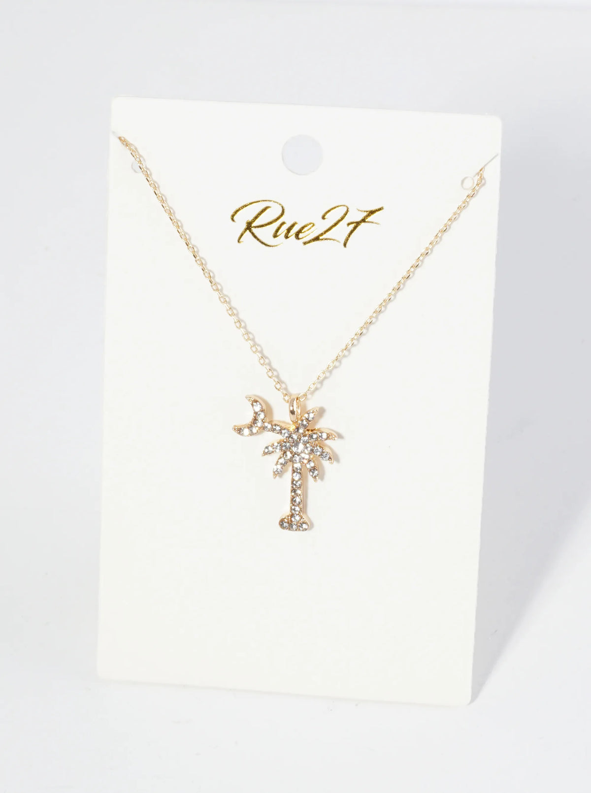 Crystal Pave Palm Tree And Moon Pendant 16 Inch Necklace
