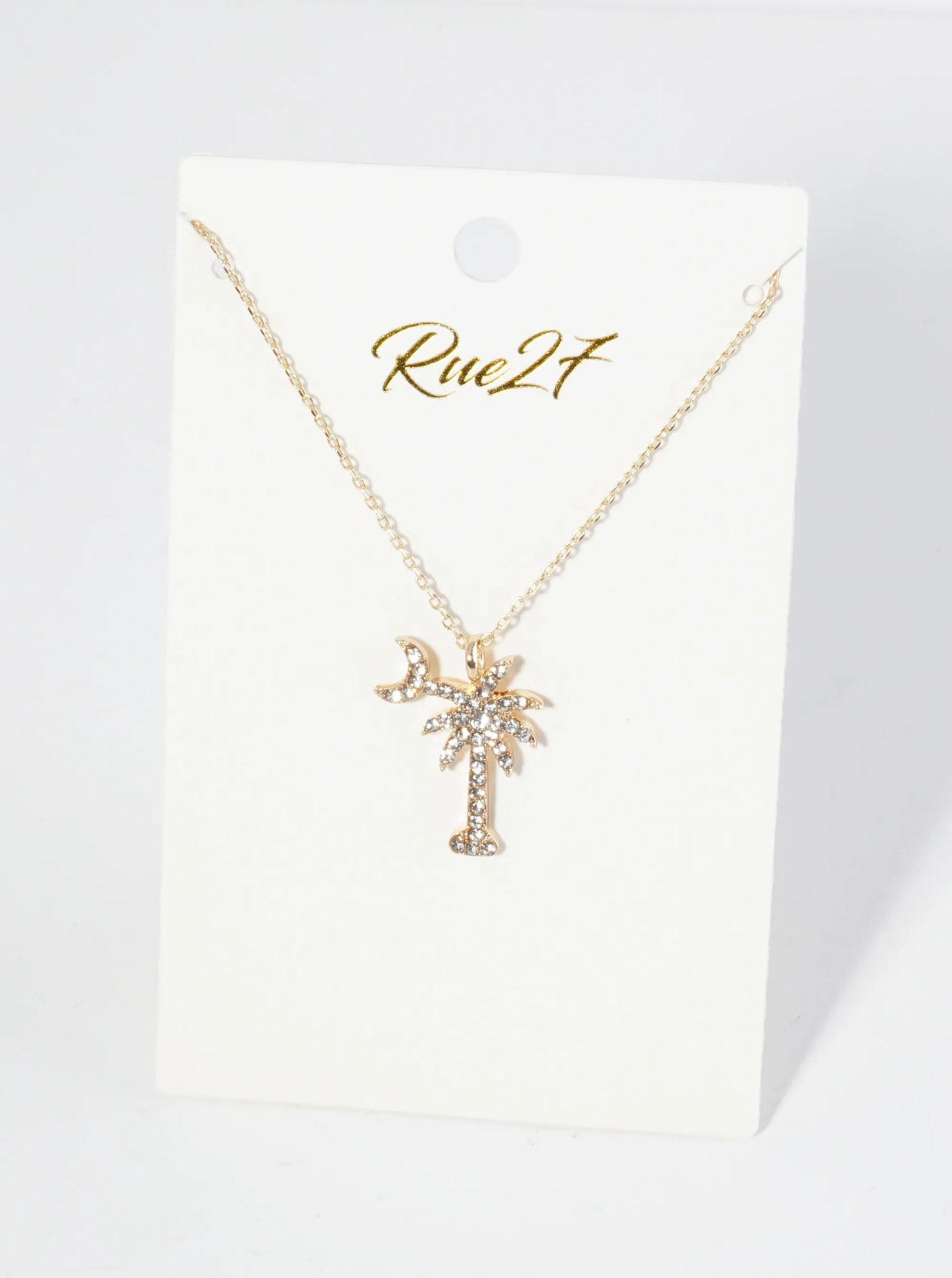 Crystal Pave Palm Tree And Moon Pendant 16 Inch Necklace