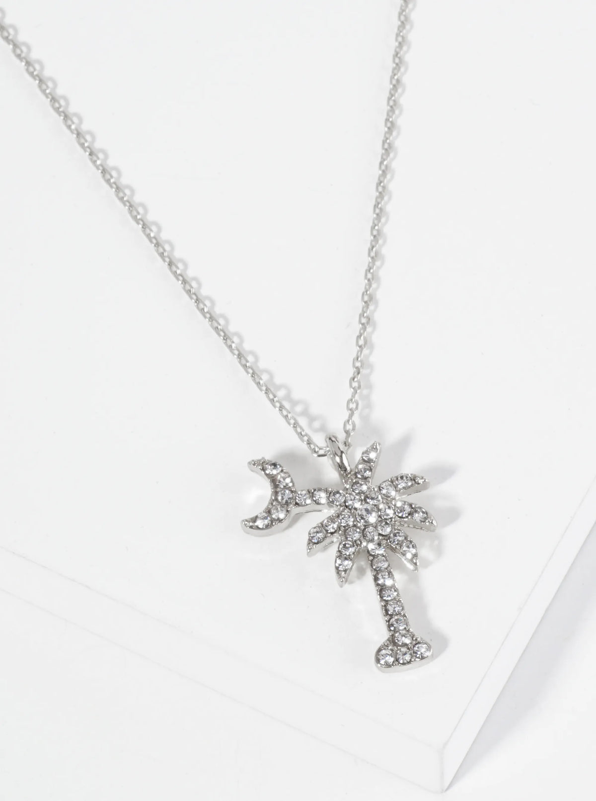 Crystal Pave Palm Tree And Moon Pendant 16 Inch Necklace