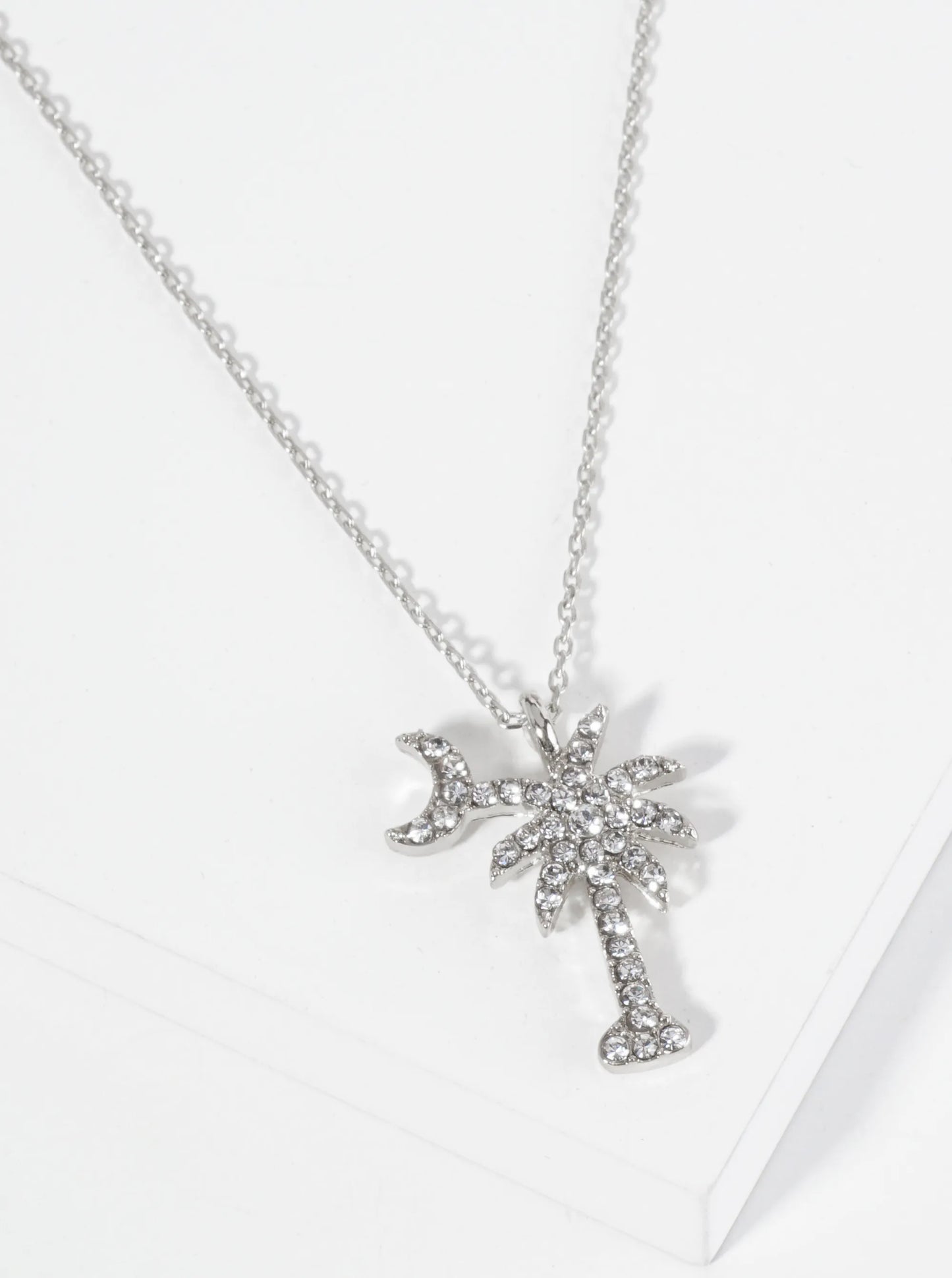 Crystal Pave Palm Tree And Moon Pendant 16 Inch Necklace