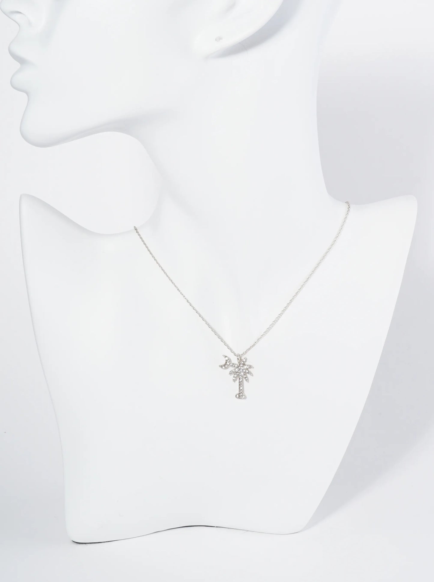 Crystal Pave Palm Tree And Moon Pendant 16 Inch Necklace