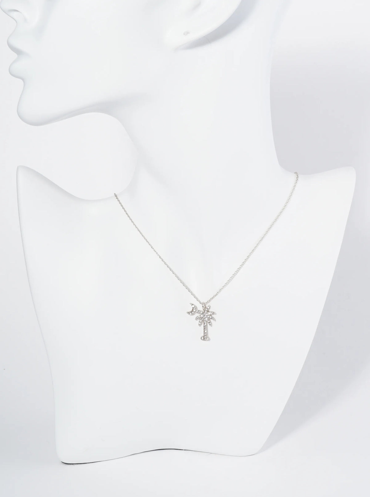 Crystal Pave Palm Tree And Moon Pendant 16 Inch Necklace