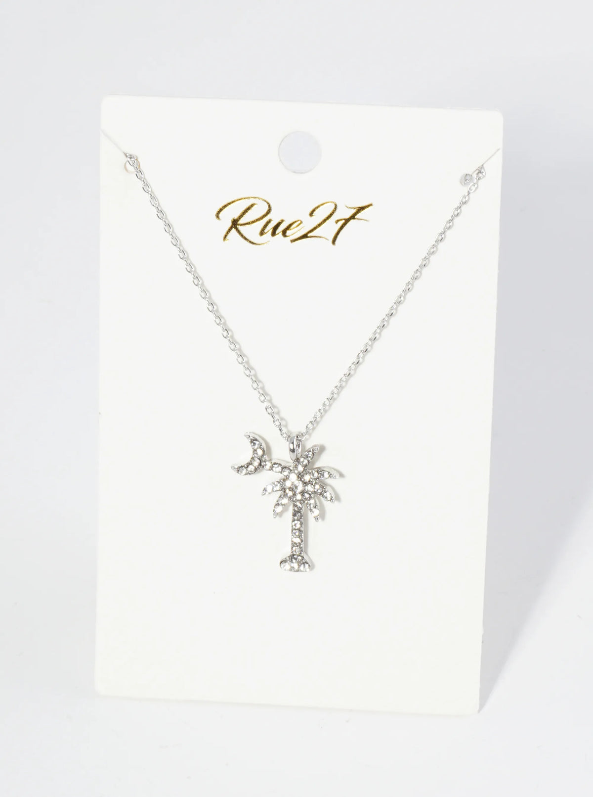 Crystal Pave Palm Tree And Moon Pendant 16 Inch Necklace