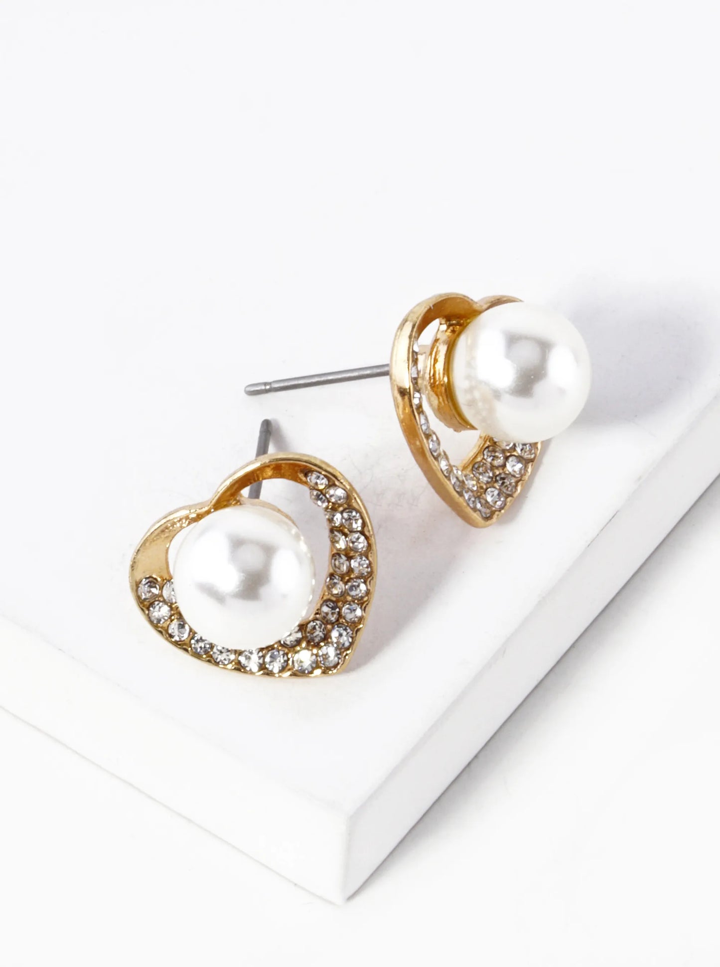 Crystal Pave Pearl Heart Stud Earrings