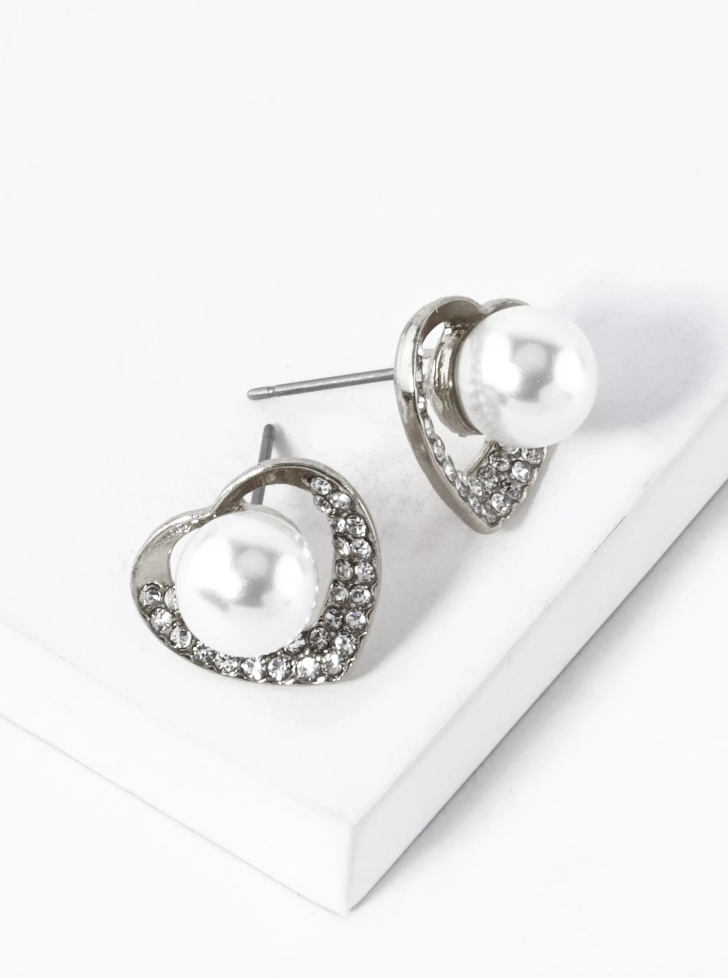 Crystal Pave Pearl Heart Stud Earrings