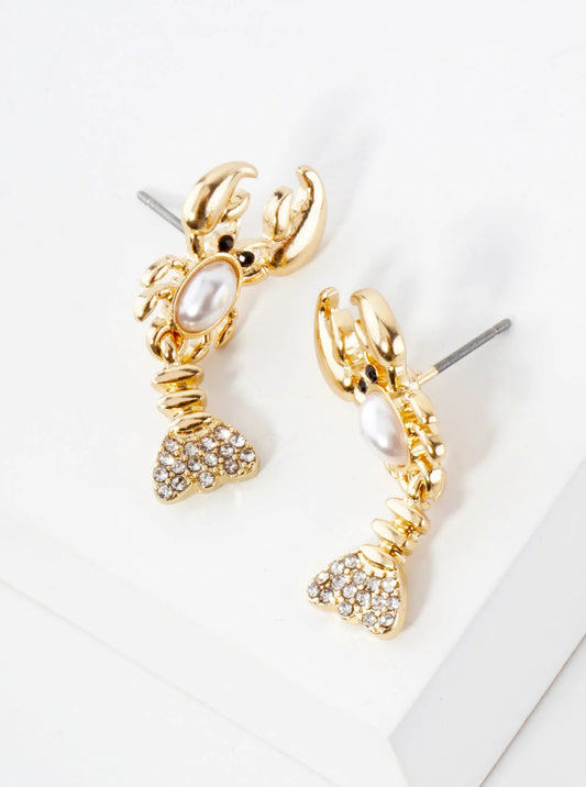 Crystal-Pave Pearl Lobster Sea-Life Earrings