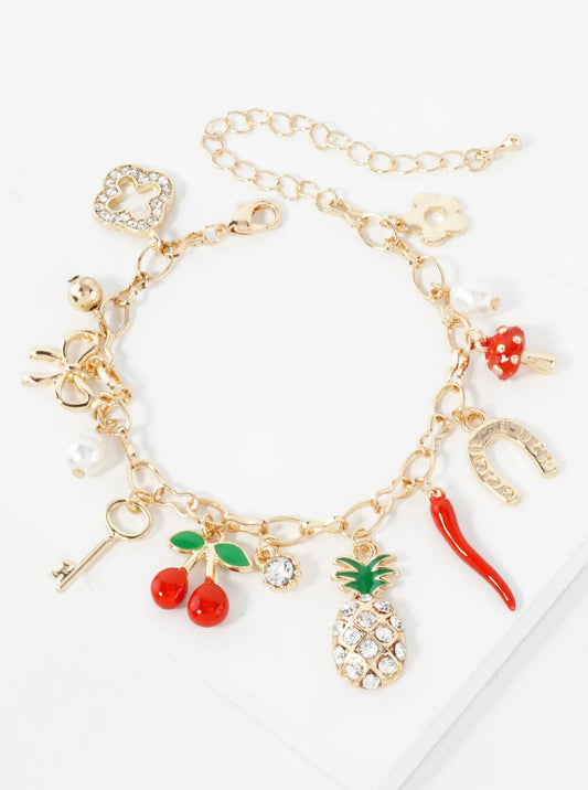 Crystal-Pave Quatrefoil Pineapple Horseshoe Bow Cherry Key Pearl Pepper Mushroom Flower Lucky Charm Bracelet
