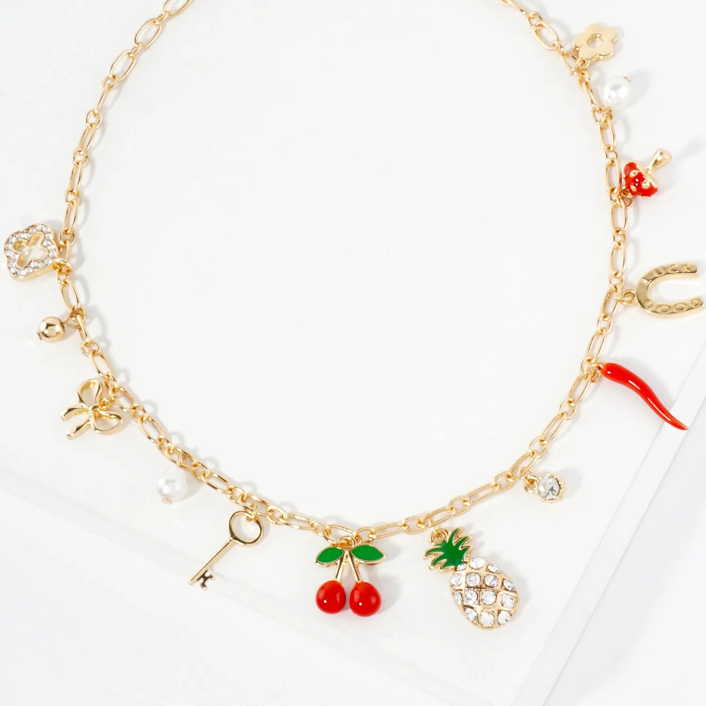 Crystal-Pave Quatrefoil Pineapple Horseshoe Bow Cherry Key Pearl Pepper Mushroom Flower Lucky Charm Necklace