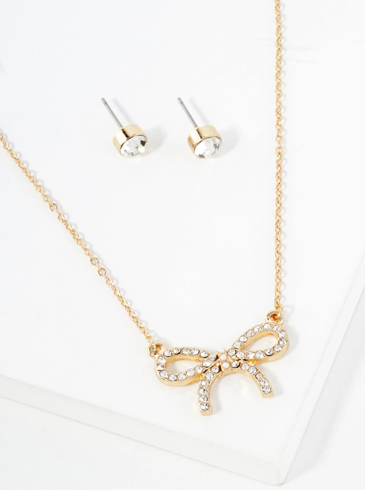 Crystal-Pave Ribbon Bow Pendant 16-inch Necklace Set-with-Earrings