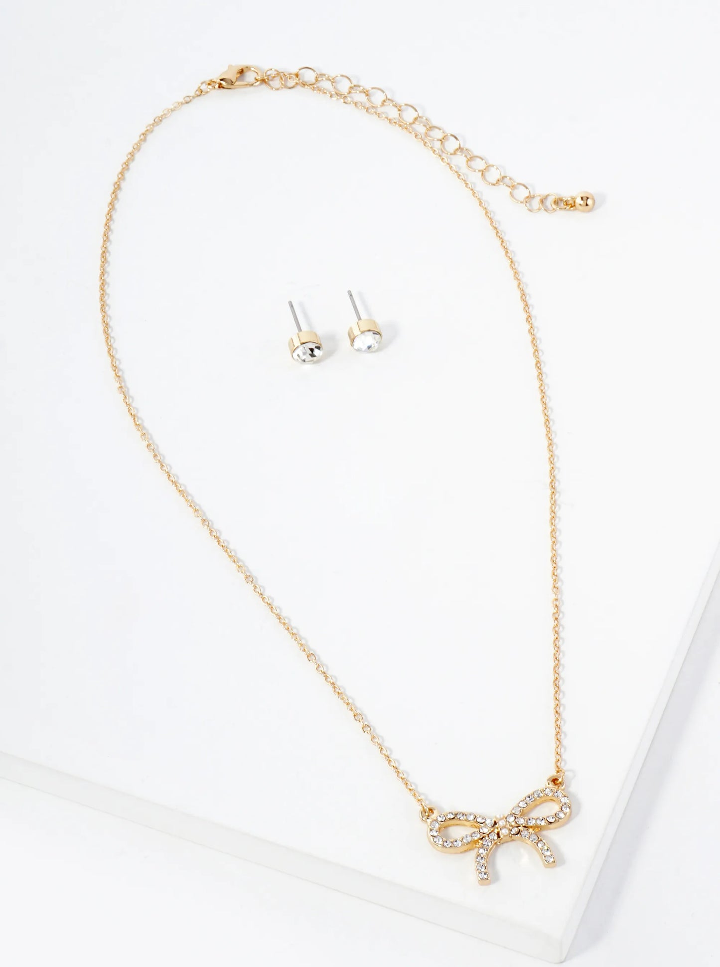 Crystal-Pave Ribbon Bow Pendant 16-inch Necklace Set-with-Earrings