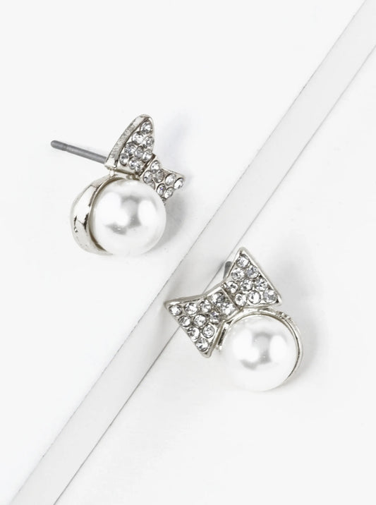 Crystal Pave Ribbon Bow With Pearl Bead Stud Earrings