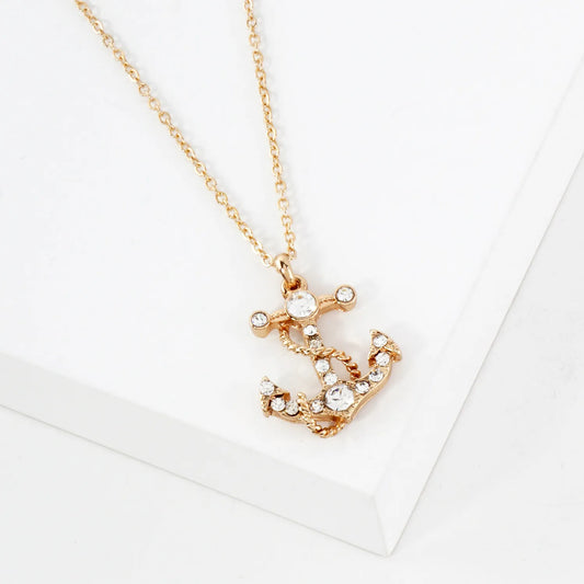 Crystal-Pave Rope-Wrapped Anchor Pendant Nautical Necklace