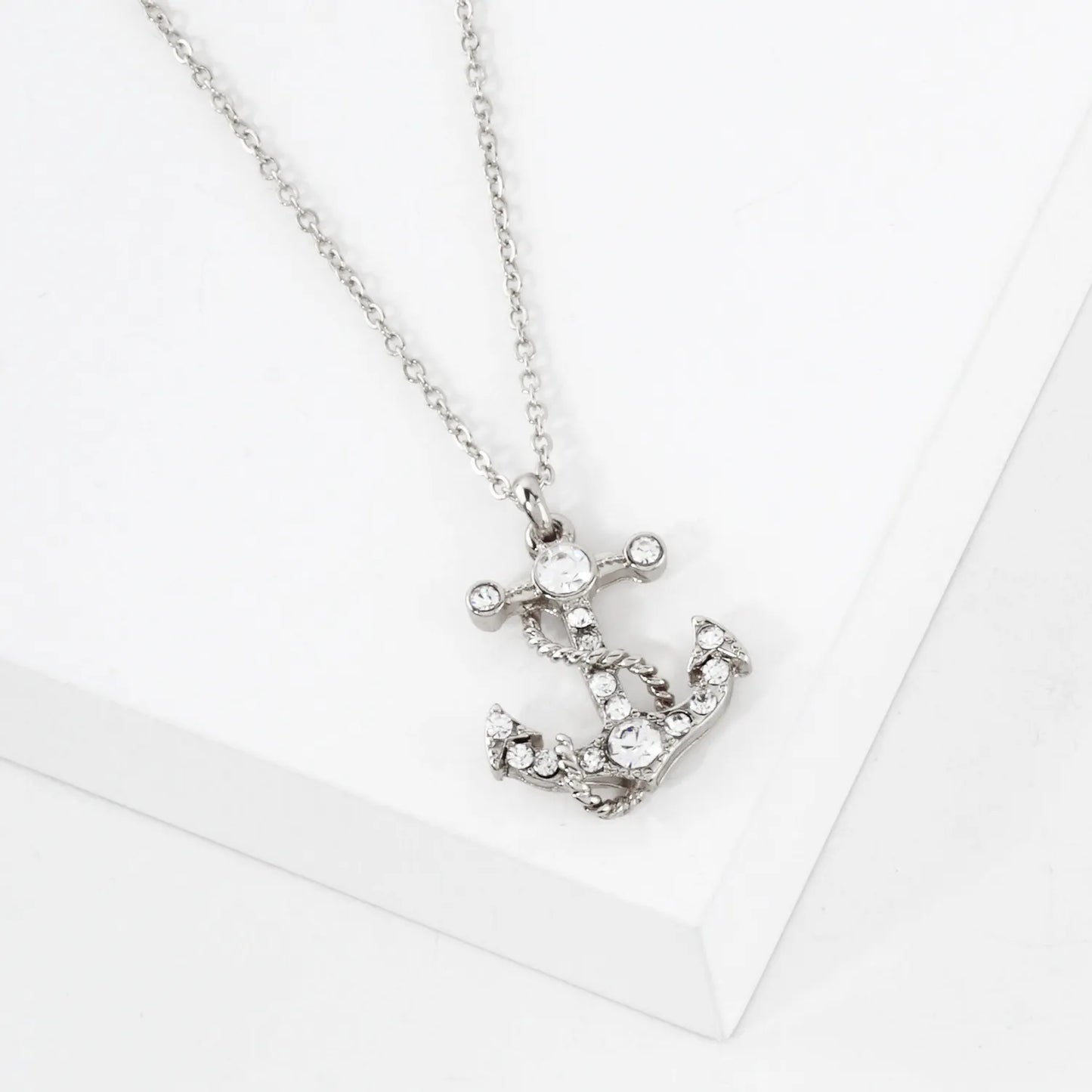 Crystal-Pave Rope-Wrapped Anchor Pendant Nautical Necklace