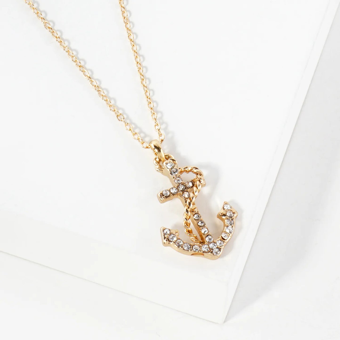 Crystal-Pave Rope-Wrapped Anchor Pendant Nautical Necklace