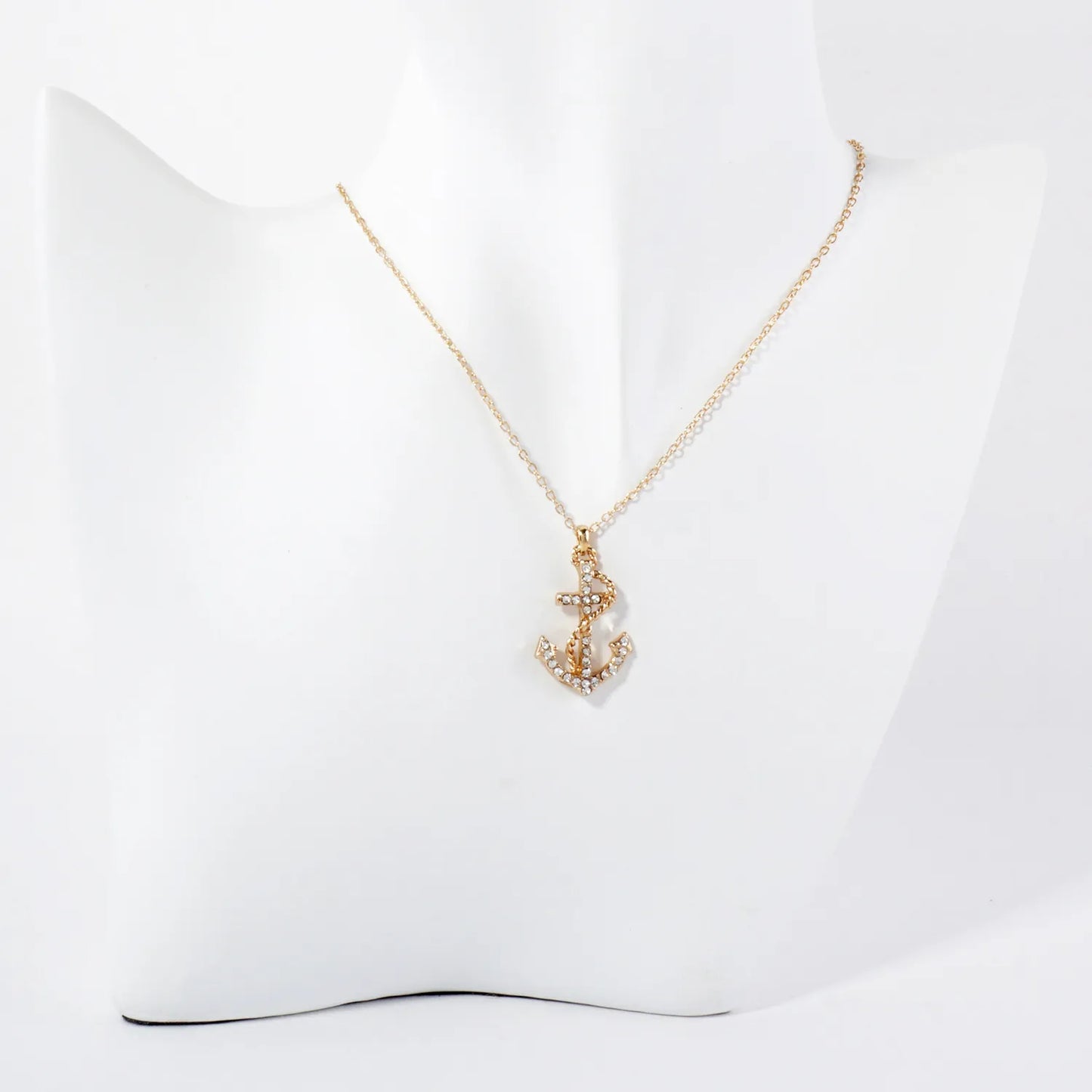 Crystal-Pave Rope-Wrapped Anchor Pendant Nautical Necklace