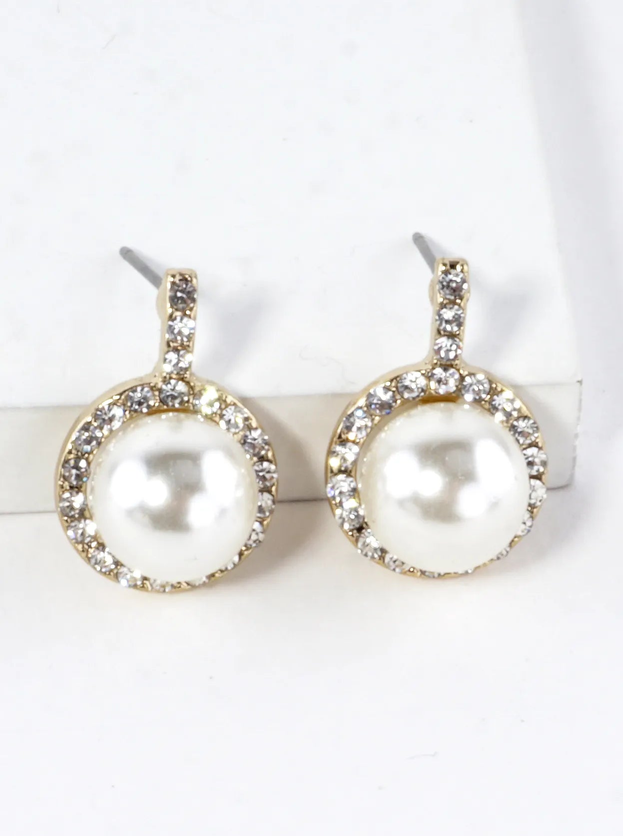 Crystal Pave Round Pearl Dome Drop Earrings