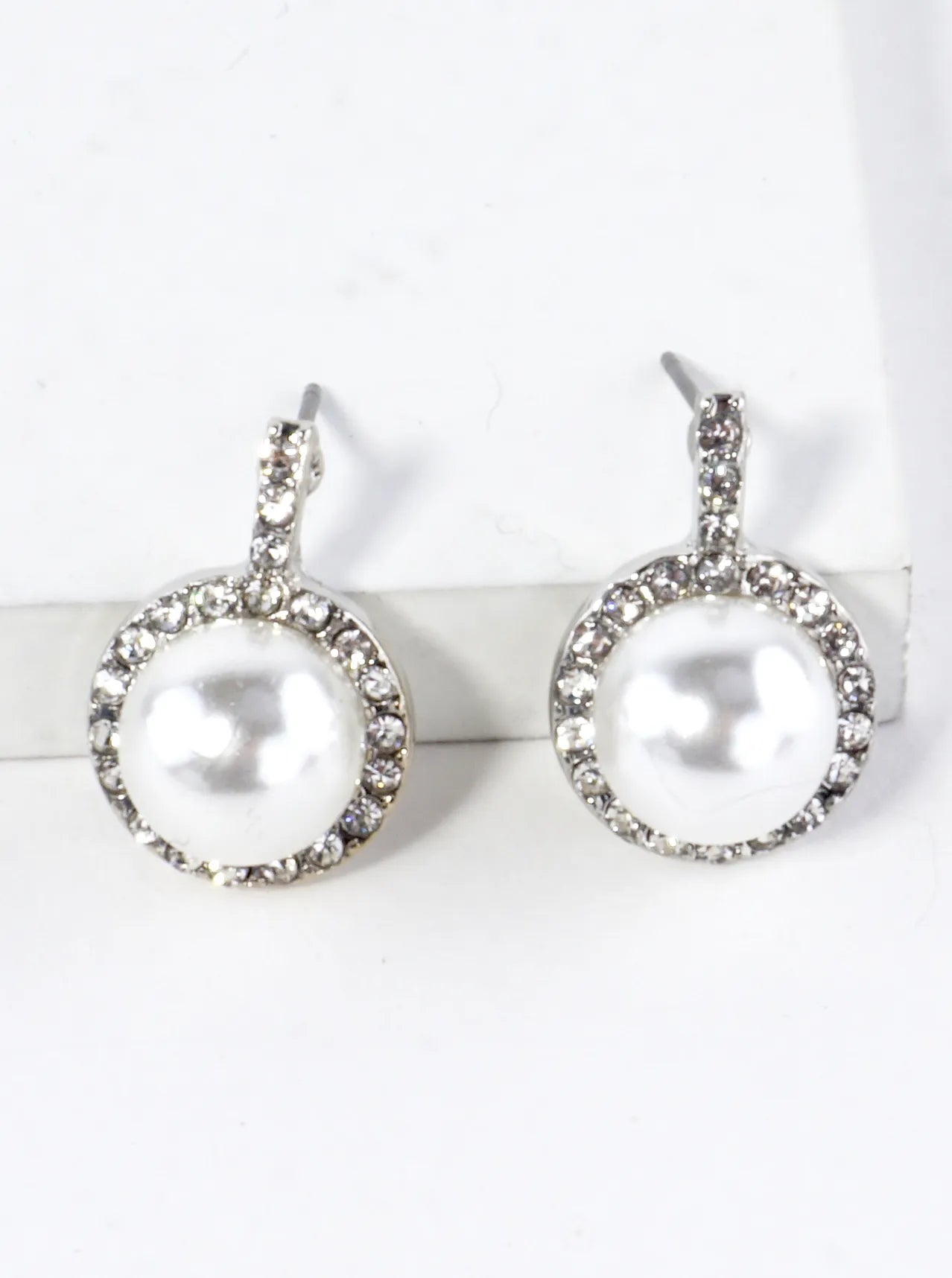 Crystal Pave Round Pearl Dome Drop Earrings