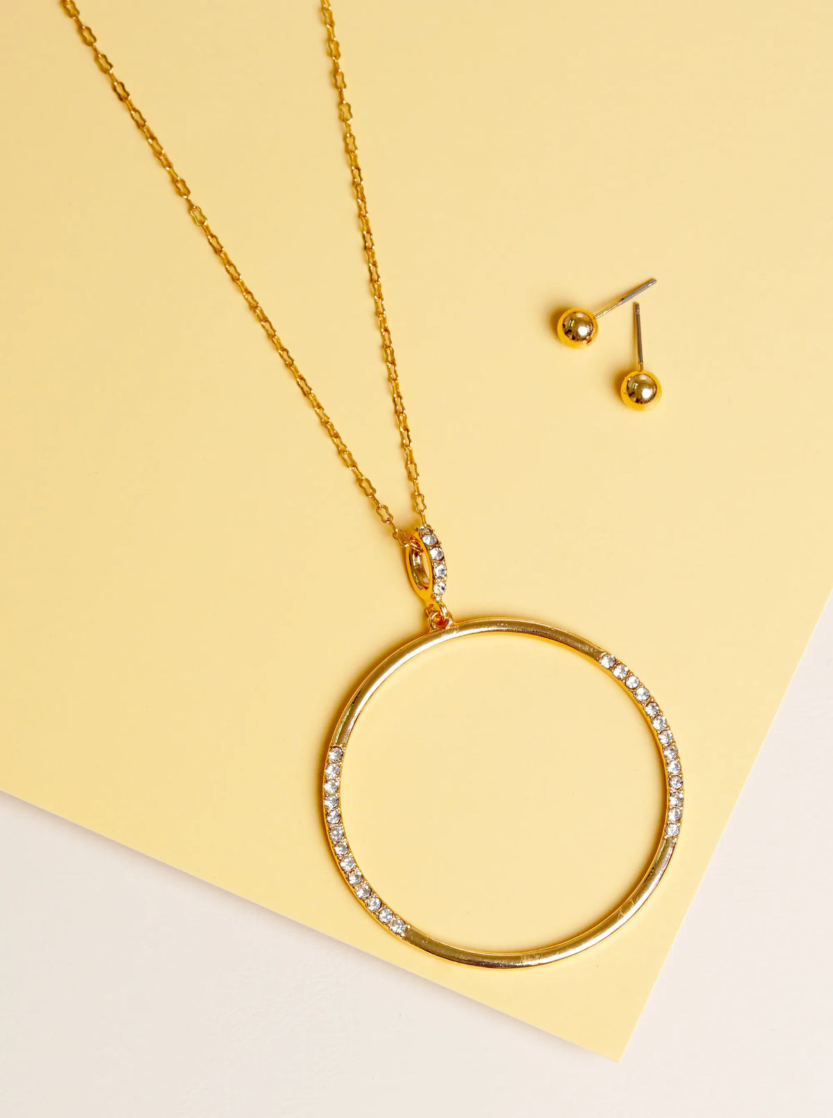 Crystal Pave Round Pendant 32 Inch Long Necklace Set With Earrings