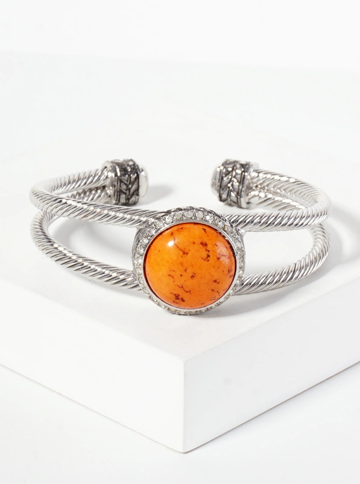 Crystal-Pave Round-Shaped 18mm Semi-Precious Natural-Stone Open Cuff Bracelet