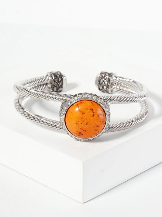 Crystal-Pave Round-Shaped 18mm Semi-Precious Natural-Stone Open Cuff Bracelet