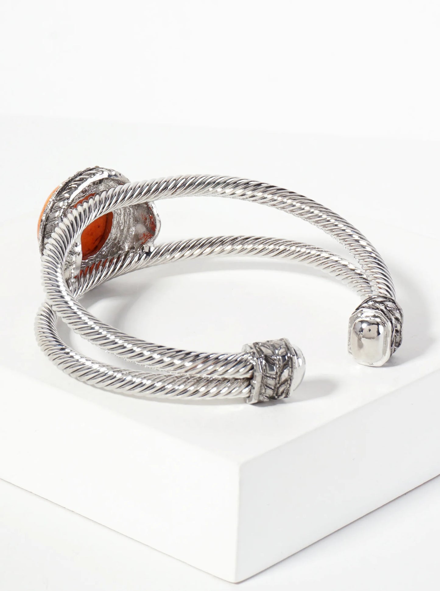 Crystal-Pave Round-Shaped 18mm Semi-Precious Natural-Stone Open Cuff Bracelet