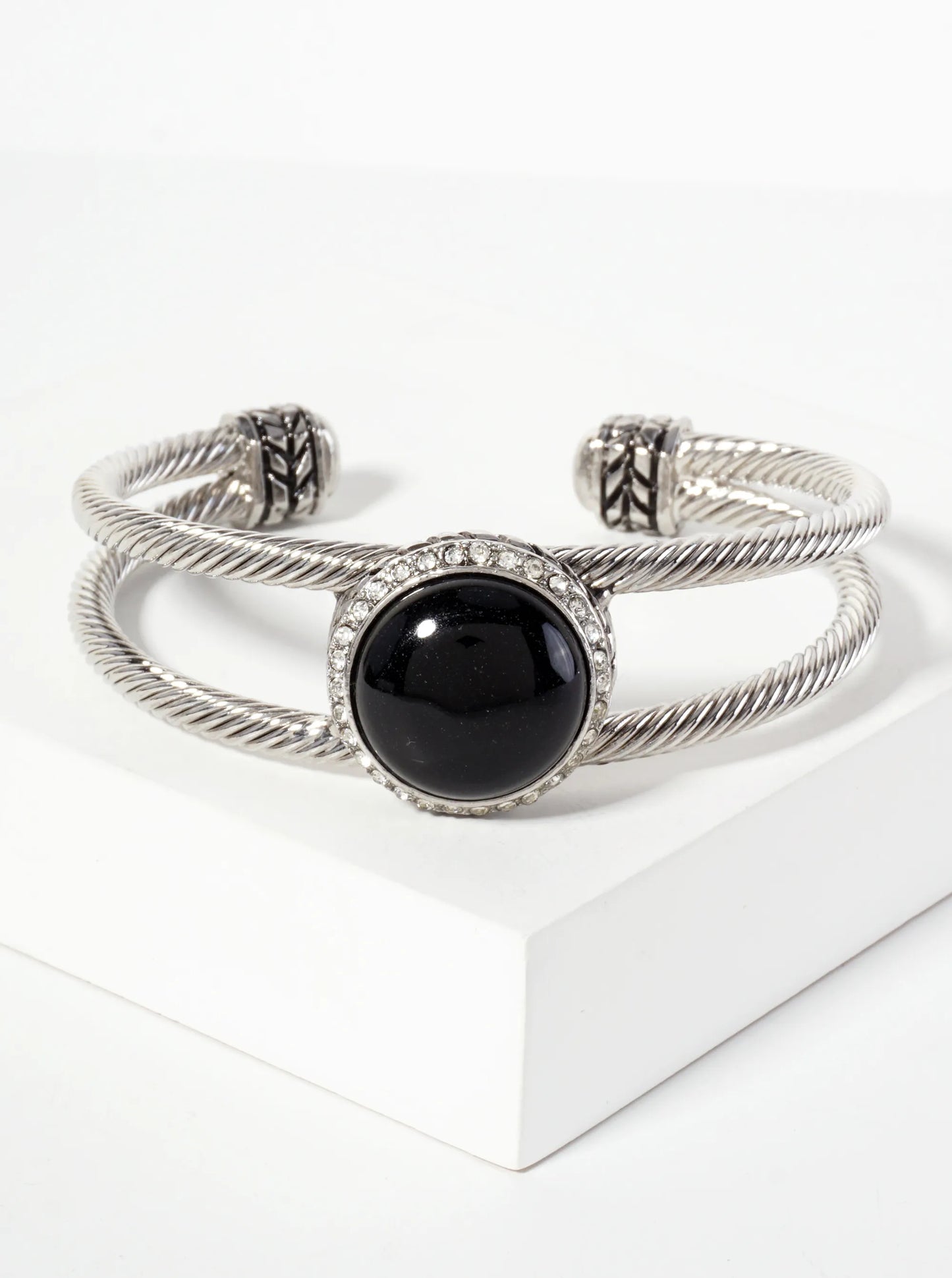Crystal-Pave Round-Shaped 18mm Semi-Precious Natural-Stone Open Cuff Bracelet