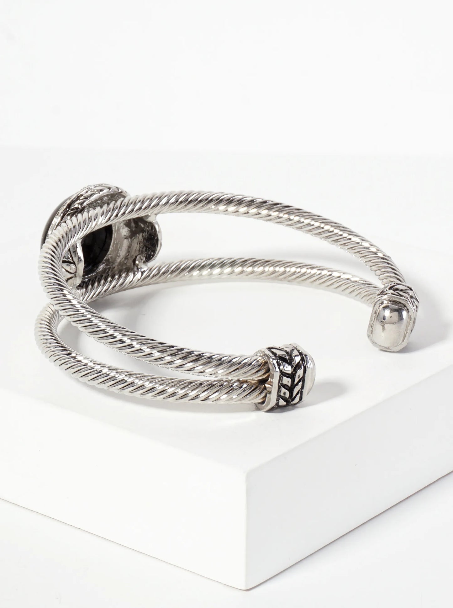 Crystal-Pave Round-Shaped 18mm Semi-Precious Natural-Stone Open Cuff Bracelet