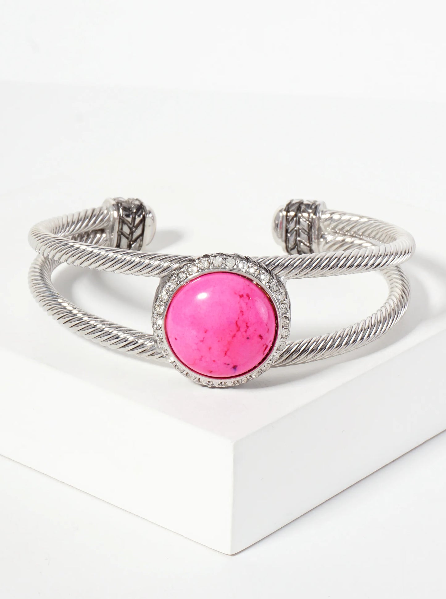 Crystal-Pave Round-Shaped 18mm Semi-Precious Natural-Stone Open Cuff Bracelet