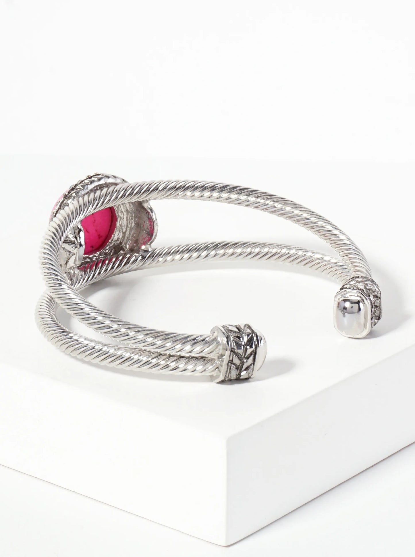 Crystal-Pave Round-Shaped 18mm Semi-Precious Natural-Stone Open Cuff Bracelet