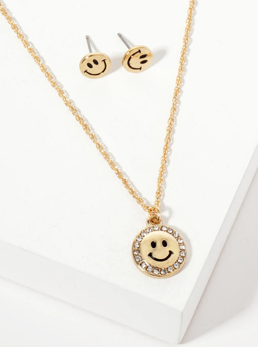 Crystal-Pave Round Smiley-Face Pendant Necklace Set-with-Earrings