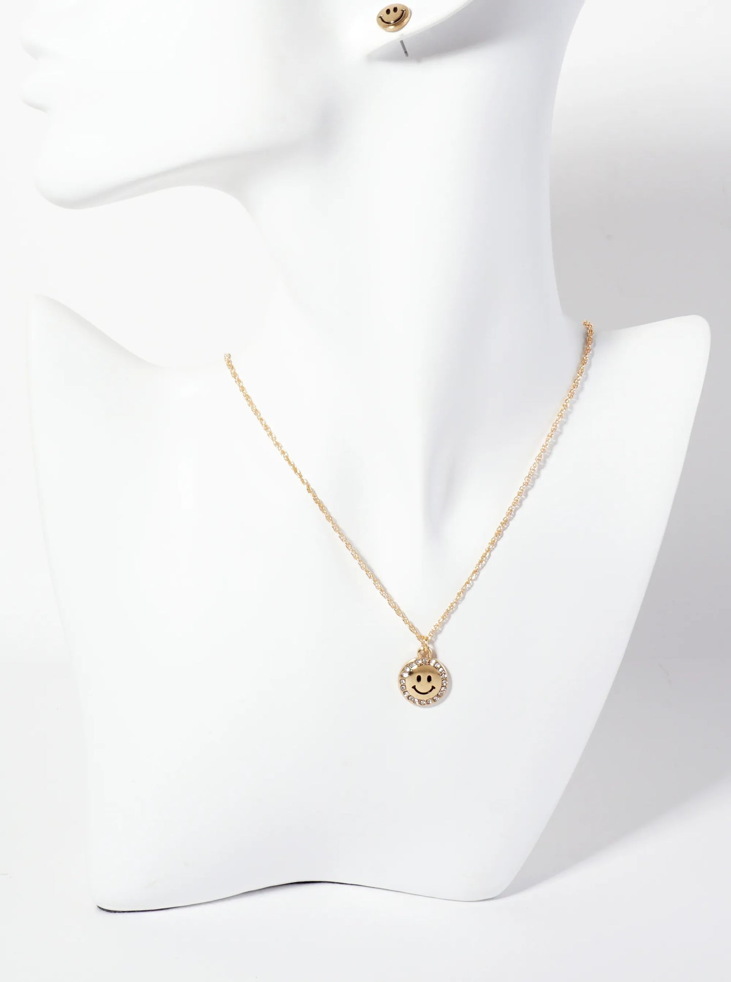 Crystal-Pave Round Smiley-Face Pendant Necklace Set-with-Earrings