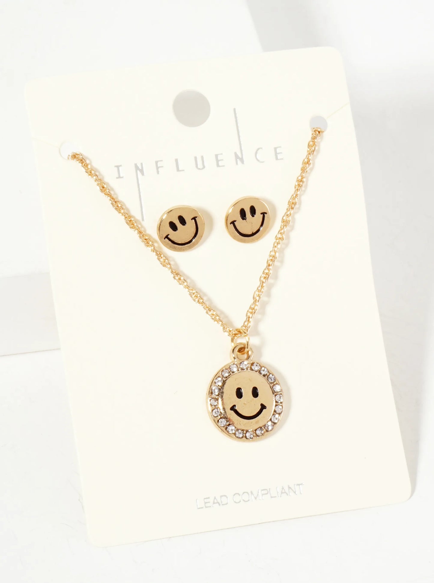 Crystal-Pave Round Smiley-Face Pendant Necklace Set-with-Earrings