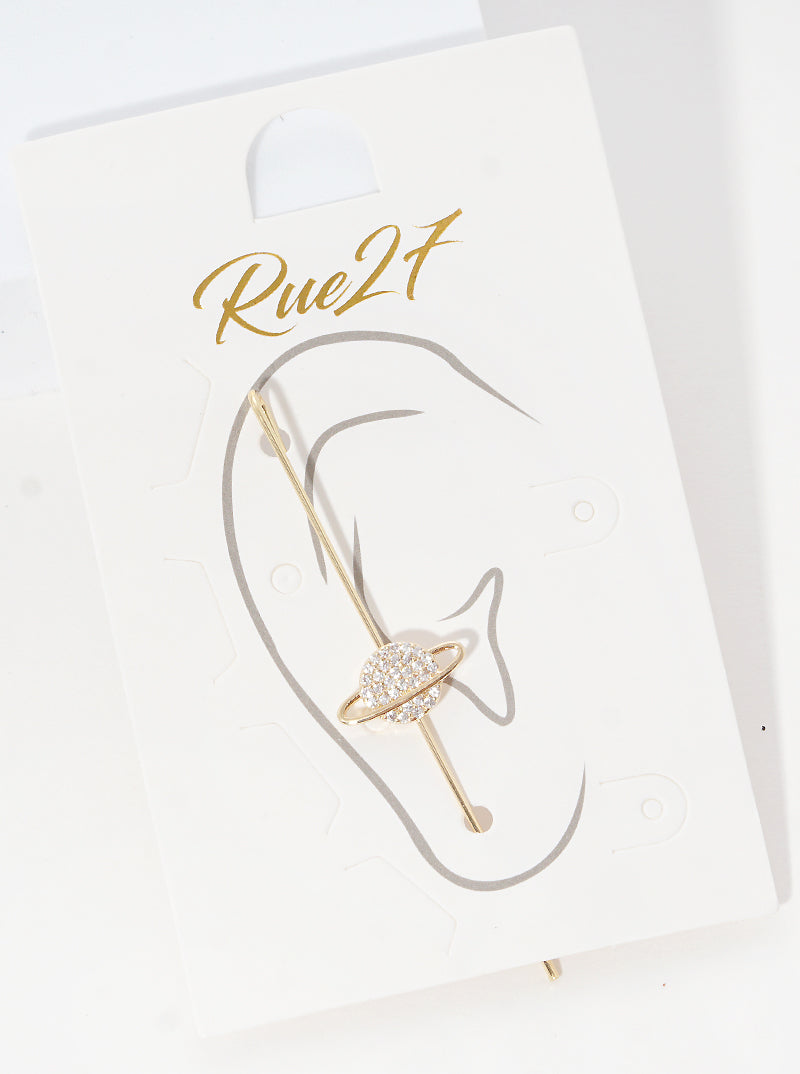 Crystal Pave Saturn Ear Pin Needle Earrings