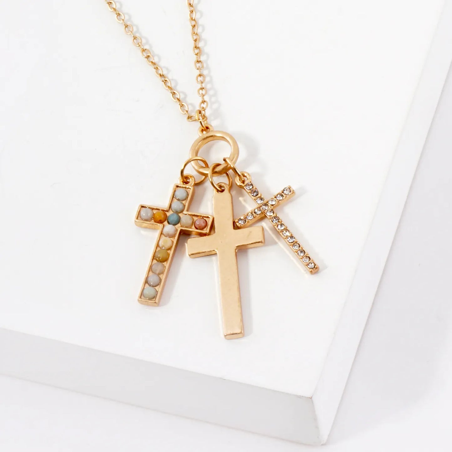 Crystal-Pave Semi-Precious Natural-Stone Cross Trio Pendant Necklace