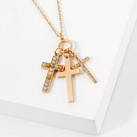 Crystal-Pave Semi-Precious Natural-Stone Cross Trio Pendant Necklace