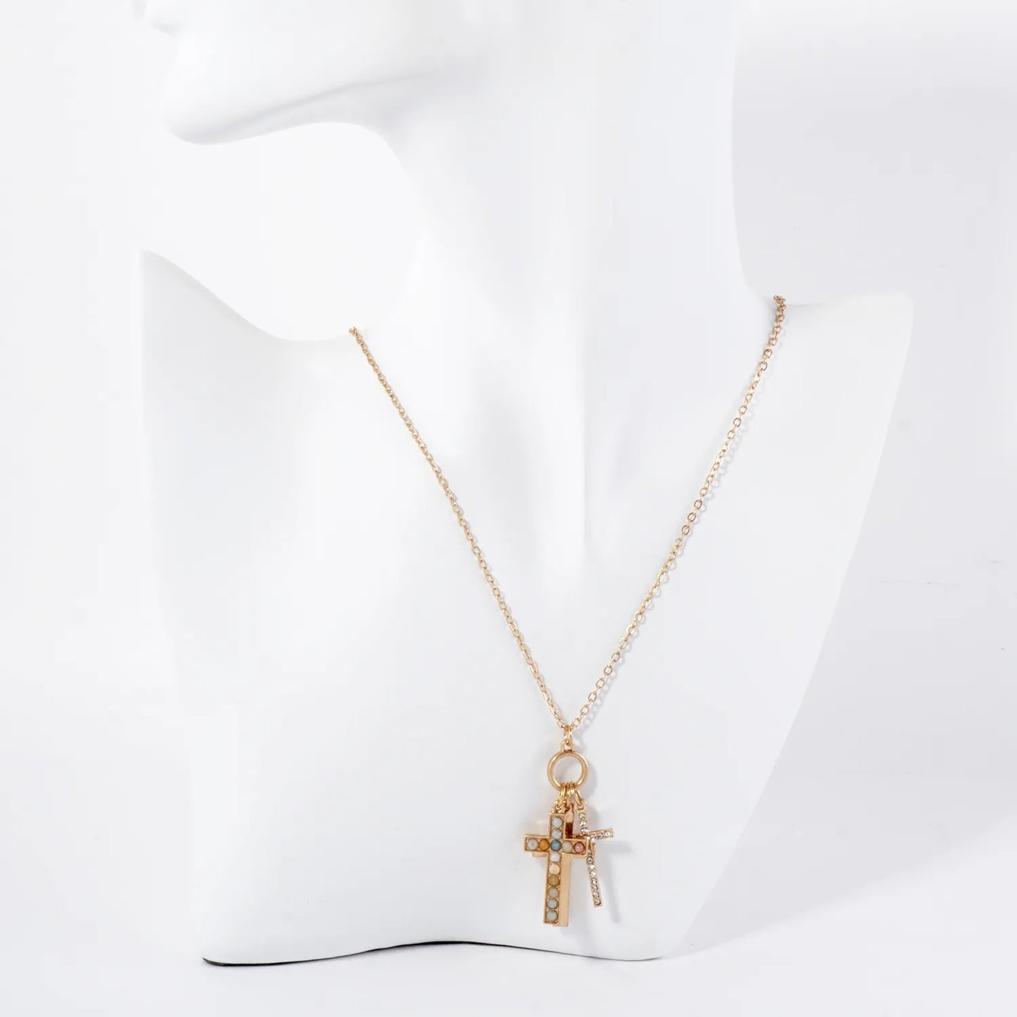 Crystal-Pave Semi-Precious Natural-Stone Cross Trio Pendant Necklace