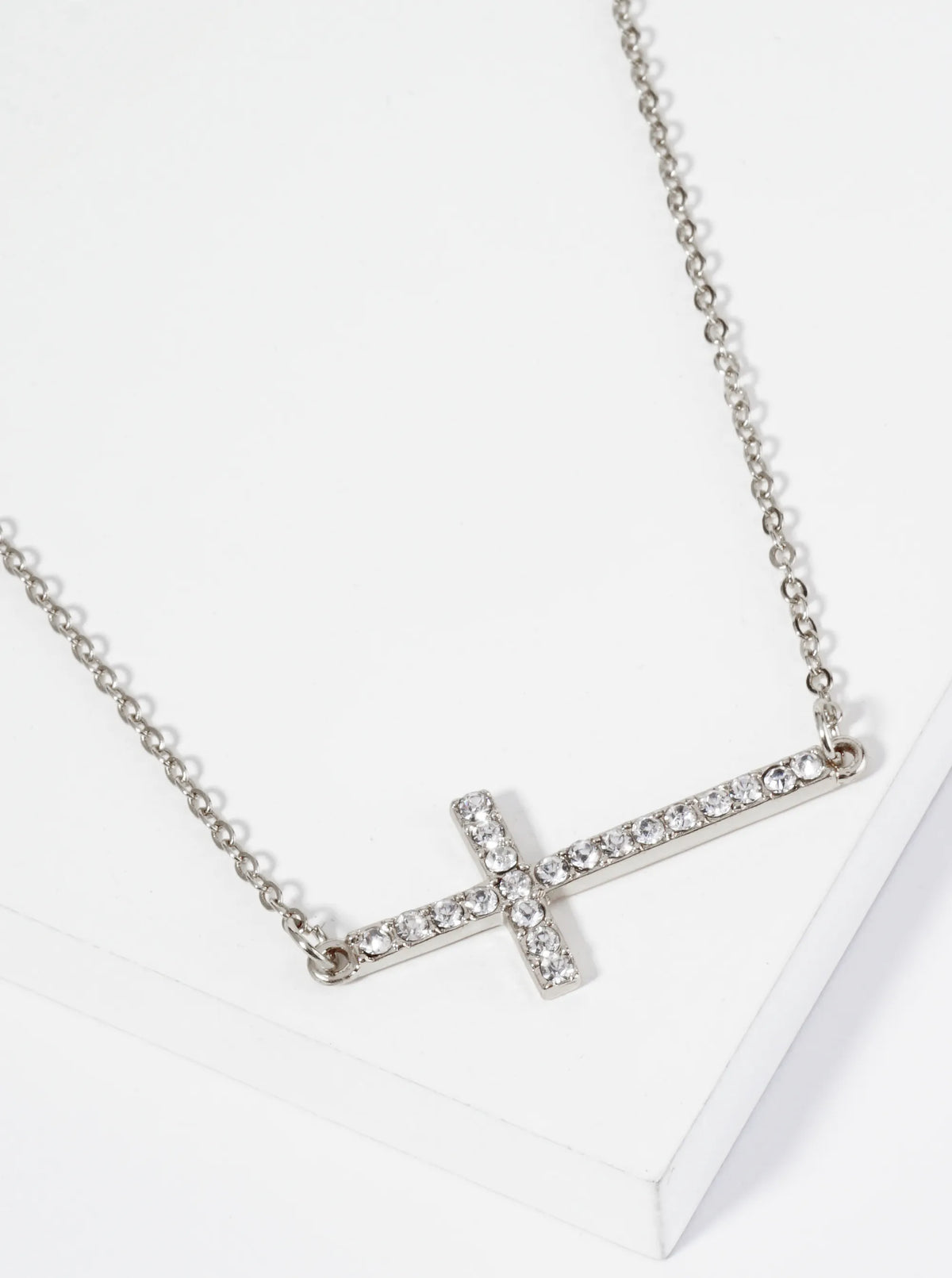 Crystal Pave Sideways Cross Pendant Necklace