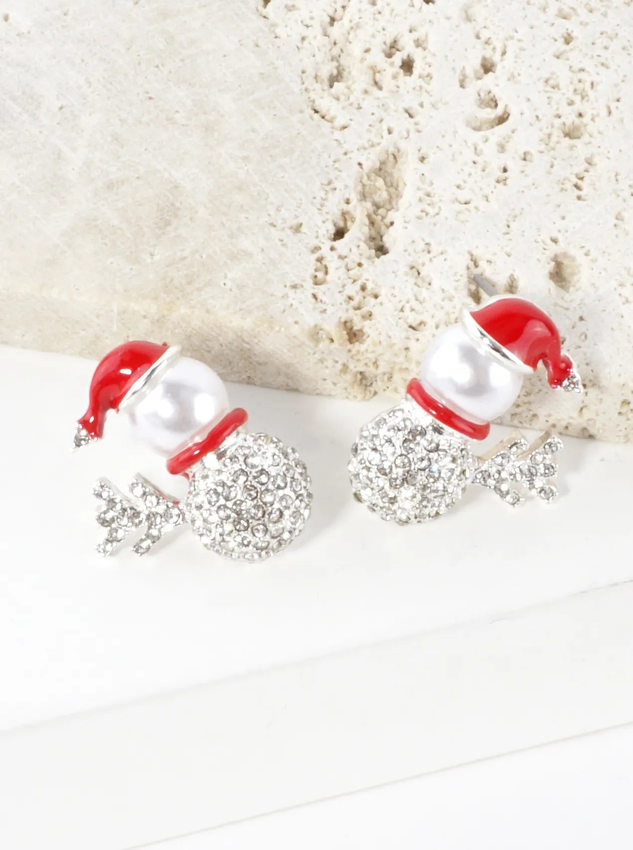 Crystal Pave Snowman Pearl Santa Hat Earrings