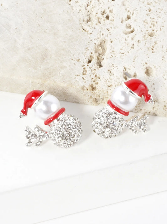 Crystal Pave Snowman Pearl Santa Hat Earrings