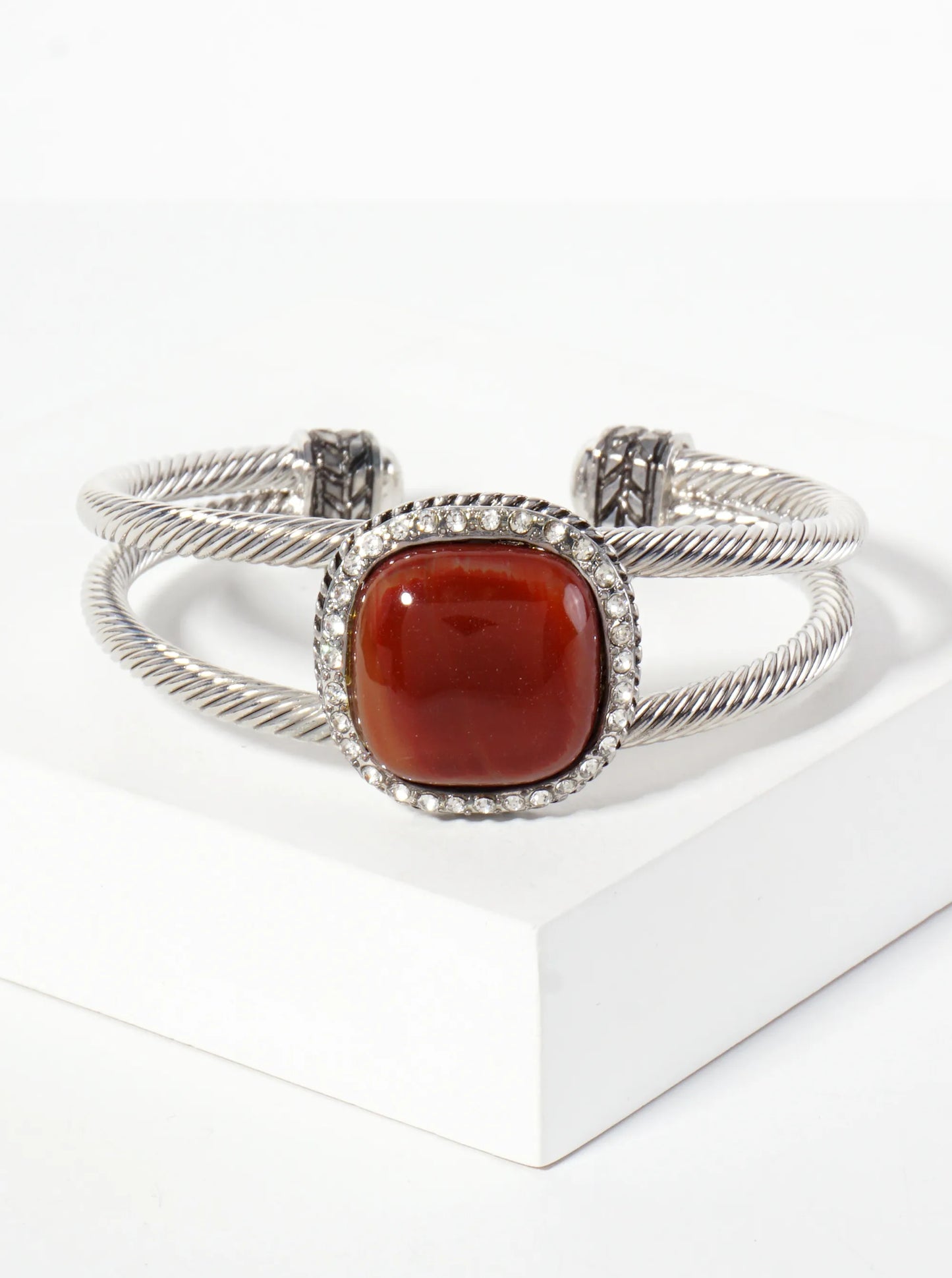 Crystal-Pave Square-Shaped 19mm Semi-Precious Natural-Stone Open Cuff Bracelet