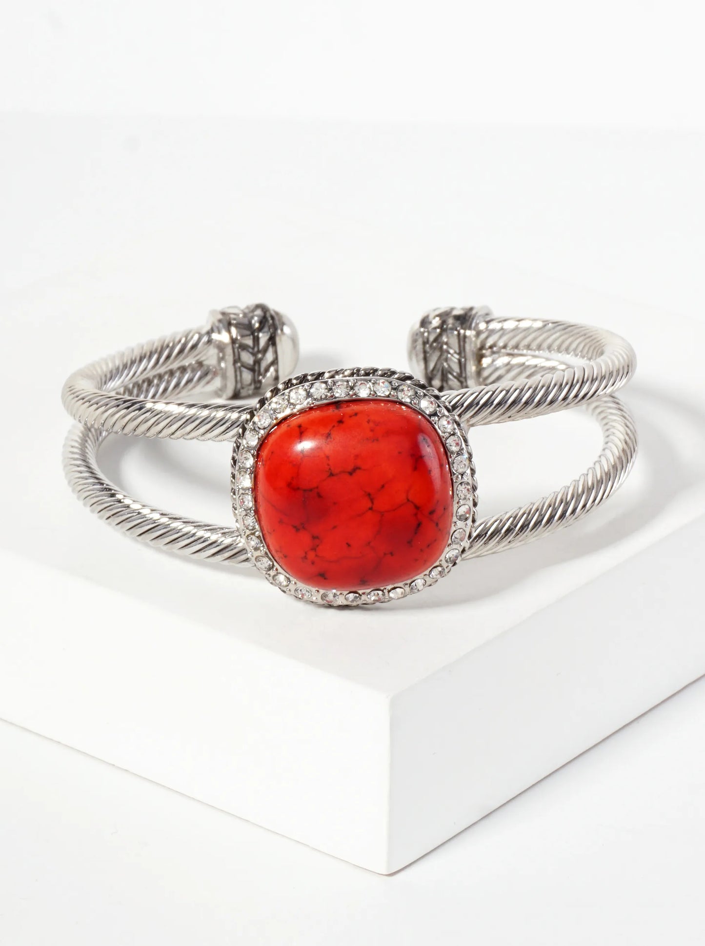 Crystal-Pave Square-Shaped 19mm Semi-Precious Natural-Stone Open Cuff Bracelet