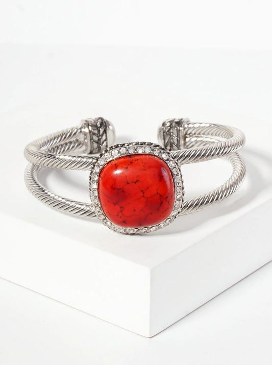 Crystal-Pave Square-Shaped 19mm Semi-Precious Natural-Stone Open Cuff Bracelet