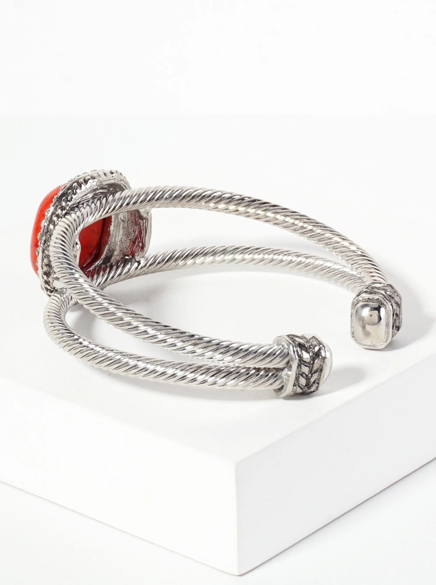 Crystal-Pave Square-Shaped 19mm Semi-Precious Natural-Stone Open Cuff Bracelet