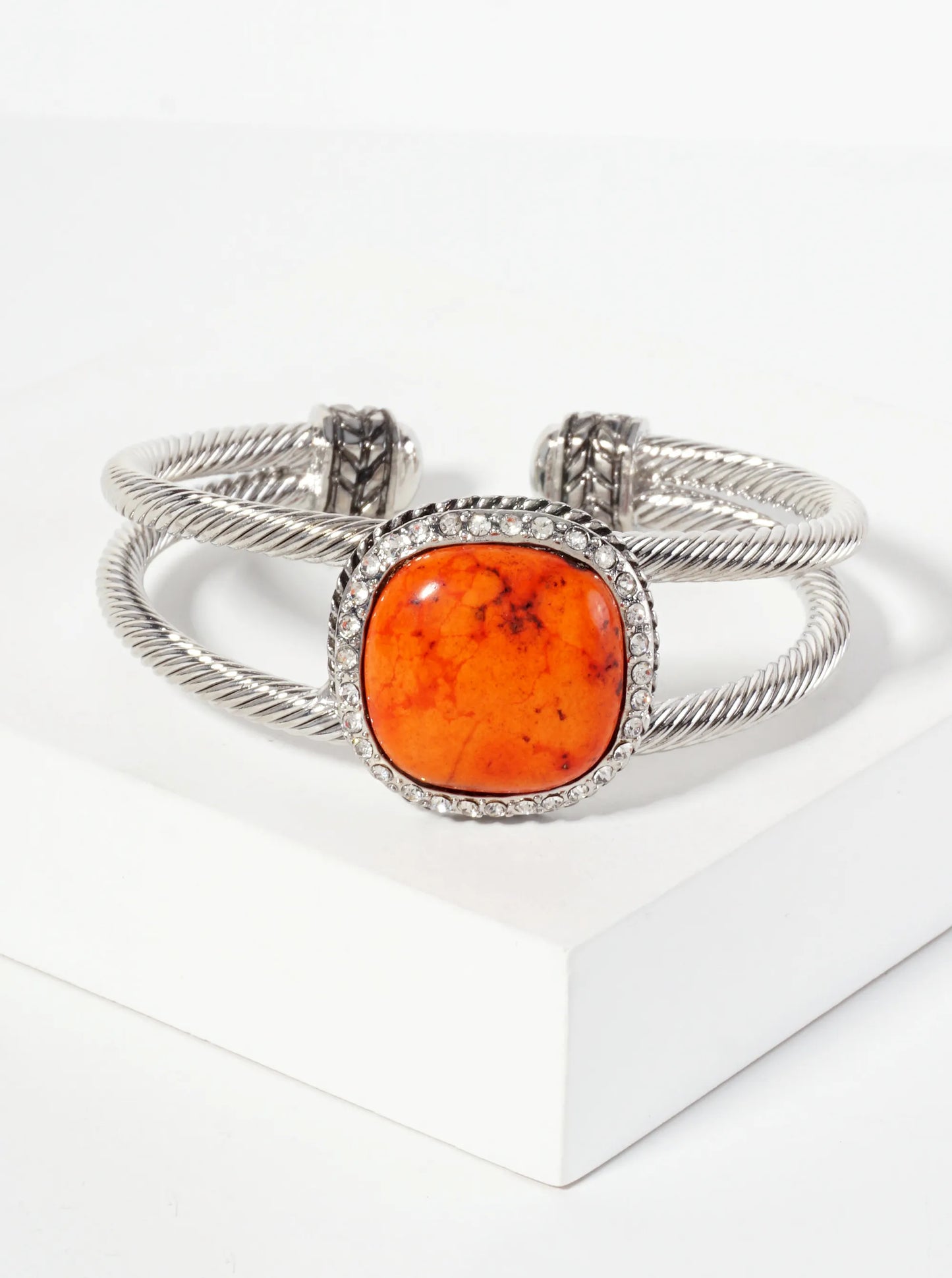 Crystal-Pave Square-Shaped 19mm Semi-Precious Natural-Stone Open Cuff Bracelet