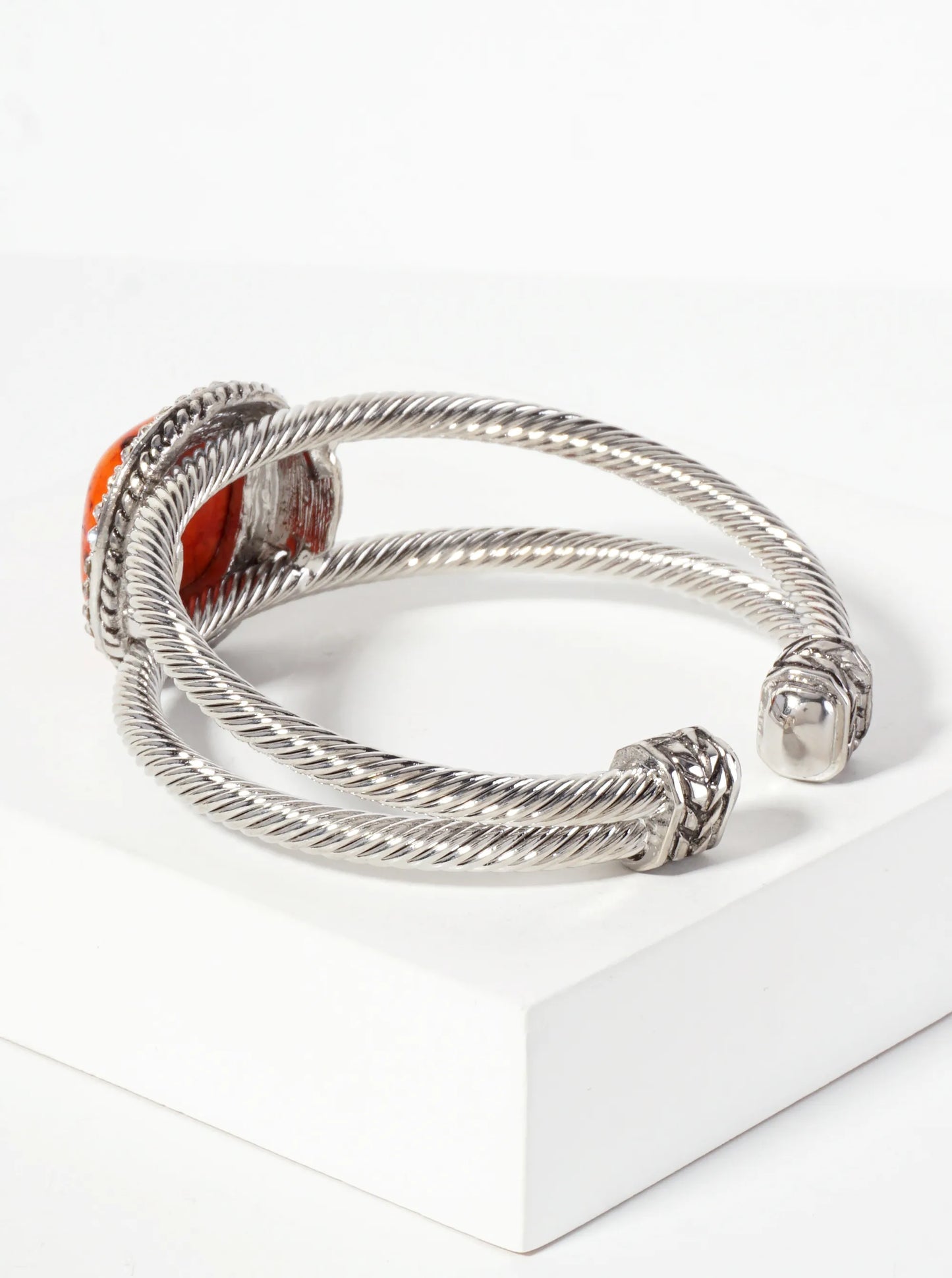 Crystal-Pave Square-Shaped 19mm Semi-Precious Natural-Stone Open Cuff Bracelet